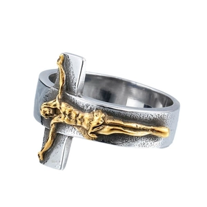 Vintage stainless steel cross ring with gold Jesus relief and distressed matte silver finish
