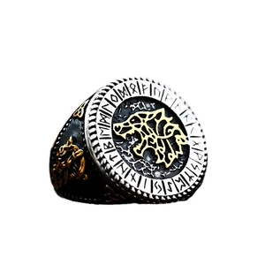 Vintage Viking wolf head signet ring in stainless steel with golden rune circle detail
