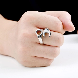 Polished silver stainless steel wrench ring for men in creative adjustable open design
