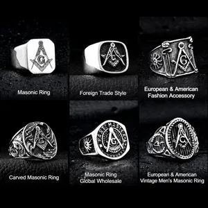 Detailed set of six retro stainless steel Freemasonry rings for men in silver finish