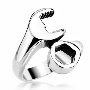 Creative Wrench Shape Stainless Steel Ring For Men Vintage Industrial Mechanical Tool Design Polished Finger Ring Jewelry Gift