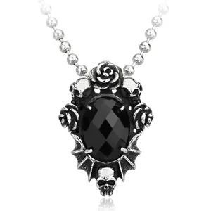 Stainless Steel Gothic Skull Rose Pendant Only (Without Chain) For Men Women Retro Rhinestone Gemstone Punk Jewelry Pendant