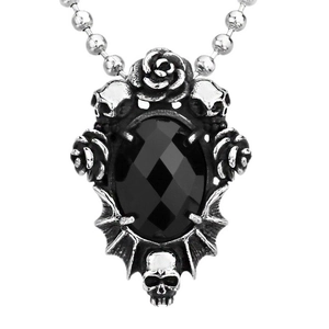 Gothic stainless steel necklace with black gemstone, skull and rose pendant details