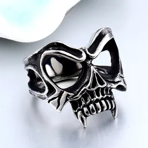 Vintage stainless steel skull mask ring for men with antique silver finish punk gothic style