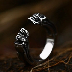 Retro stainless steel double skull open ring with gothic silver finish for men