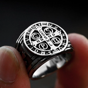Vintage solid stainless steel Saint Benedict Medal ring for men with retro finish