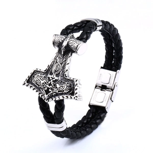 Men's Nordic Viking Thor's Hammer woven leather bracelet with stainless steel clasp