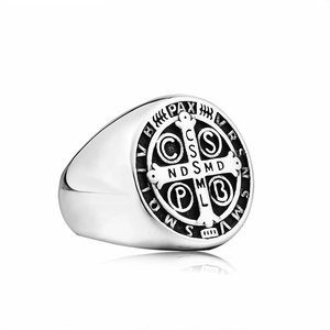 Retro stainless steel St. Benedict Medal signet ring with vintage polished finish
