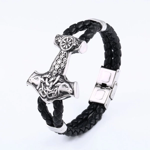 Men's vintage Viking leather bracelet with stainless steel Mjolnir hammer and Vegvisir