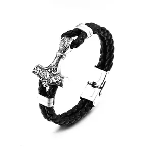 Bracelet Viking Mjolnir Tressé en Acier Inoxydable pour Homme Pendentif Marteau de Thor Rétro Bijoux de Mythologie Nordique Cadeau