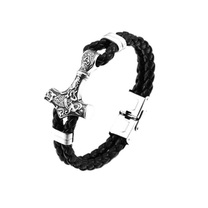 Bracelet Viking en cuir pour homme avec pendentif marteau de Thor argenté et tressé