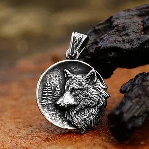Retro stainless steel round wolf head pendant necklace with forest relief design