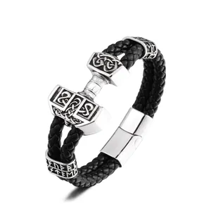 Vintage Viking Thor's Hammer Mjolnir Bracelet For Men Stainless Steel Leather Braided Rune Bangle Celtic Knot Nordic Jewelry