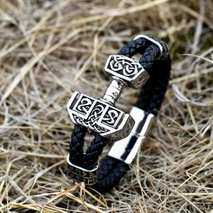 Men's Nordic Viking Thor's Hammer Mjölnir braided leather bracelet with rune magnetic clasp