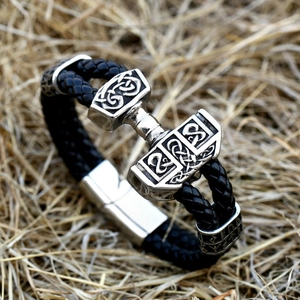 Viking Thor's Hammer braided leather bracelet with engraved Nordic runes and silver clasp