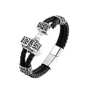 Braided leather Viking bracelet with stainless steel Mjölnir hammer and Norse runes