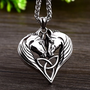 Vintage Stainless Steel Viking Celtic Knot Double Horse Head Heart Pendant For Men Women Nordic Mythology Jewelry Pendant Only