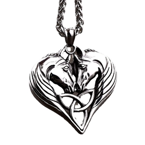 Viking Celtic knot double horse head pendant in stainless steel with wheat chain