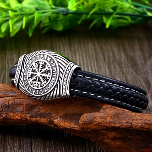 Vintage Viking Odin triangle rune bracelet for men with black braided leather and steel