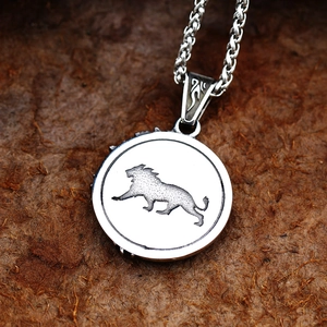 Macro detail of vintage stainless steel lion pendant with flame embossed clasp on chain