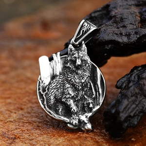 Vintage stainless steel round pendant with detailed wolf head relief and forest engraving