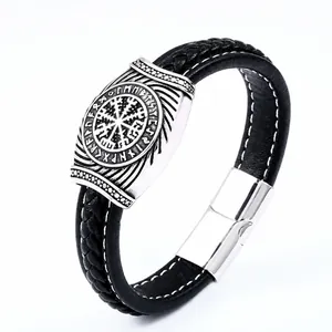 Nordic Viking Odin Symbol Stainless Steel Leather Bracelet Men Retro Valknut Rune Braided Leather Bangle Punk Magnetic Jewelry