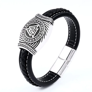 Men's Nordic Viking Valknut leather bracelet with stainless steel rune charm and magnetic clasp