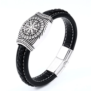 Viking Odin Vegvisir leather bracelet with stainless steel Norse rune metal charms