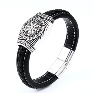 Nordic Viking Odin triangle leather bracelet with woven layers and silver magnetic clasp