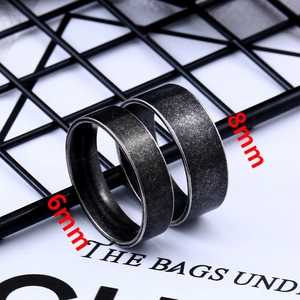 Détail de bagues 6mm et 8mm en acier inoxydable noir brossé sur une grille métallique