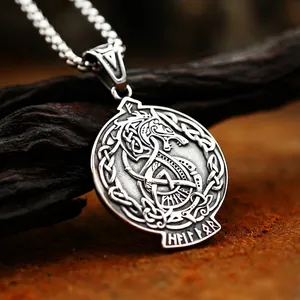 Vintage Nordic Viking Rune Fenrir Wolf Round Stainless Steel Pendant Celtic Knot Valknut Pendant Only Without Chain Jewelry