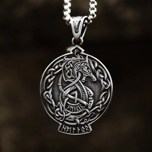 Vintage stainless steel Viking rune pendant necklace with Celtic horse relief