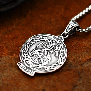 Viking Fenrir wolf pendant with Celtic knots and runes on a stainless steel chain