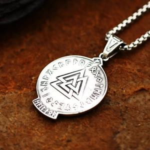 Vintage Viking Valknut pendant necklace with Nordic runes on aged stainless steel