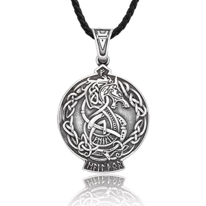 Viking rune pendant with Celtic dragon totem on black braided leather cord necklace