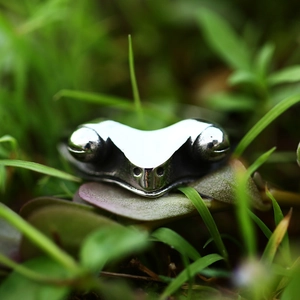 Polished stainless steel frog head ring for men and women in natural grass setting