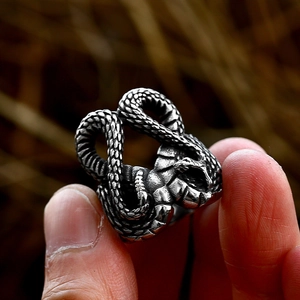 Retro stainless steel snake ring with detailed scale textures for men and women