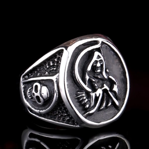 Gothic grim reaper ring with skull embossing and scythe in dark oxidized stainless steel