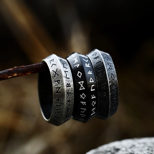 Vintage stainless steel ring set with Nordic Runes and punk style polygon design