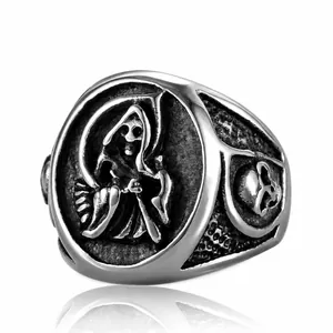 Vintage Gothic Stainless Steel Grim Reaper Skull Ring For Men Punk Rock Biker Scythe Relief Distressed Finger Ring Jewelry