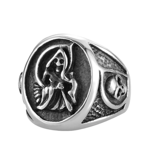 Gothic men's stainless steel grim reaper ring with skull and scythe relief details