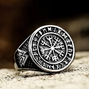 Vintage stainless steel Viking Vegvisir ring with Nordic rune engravings for men
