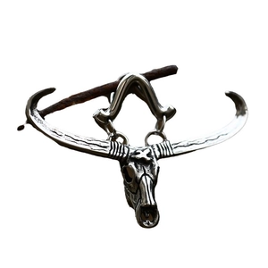Retro stainless steel gothic bull skull pendant necklace for men with long horns