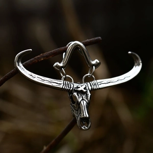 Vintage stainless steel bull skull pendant with long horns and rustic antique finish