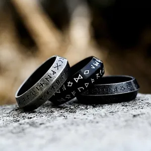 Vintage Titanium Steel Viking Rune Ring For Men Women Nordic Runic Alphabet Band Ring Antique Silver Black Punk Fashion Jewelry