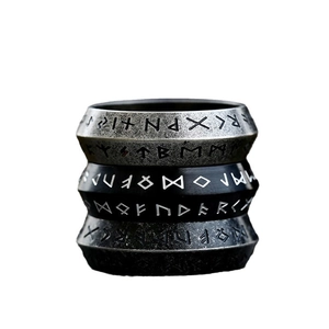 Retro Nordic runes stainless steel ring stack with vintage silver and black finish