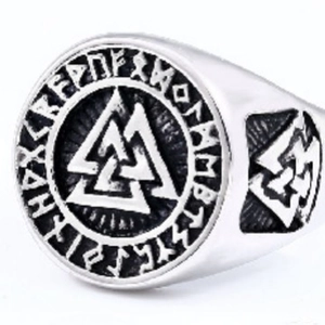 Vintage Viking Valknut signet ring in stainless steel with Elder Futhark runes for men