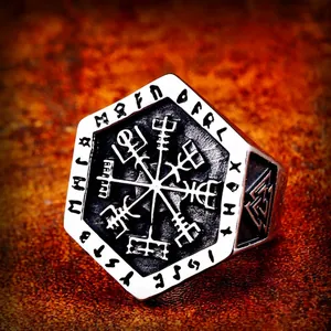 Wikinger Kompass Vegvisir Nordische Rune Titanstahl Ring Für Damen Herren Retro Valknut Hexagon Siegelring Biker Schmuck