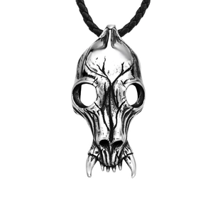 Retro stainless steel wolf skull pendant necklace with black braided leather rope for men