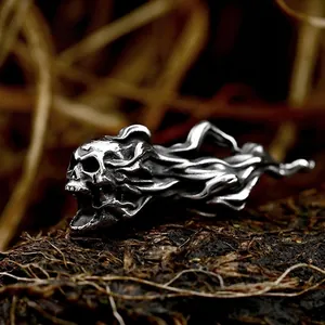 Punk Gothic Stainless Steel Skull Flame Pendant Only Retro Oxidized Black Viking Jewelry Necklace Attachment For Men Women